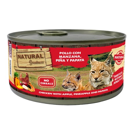 NATURAL GREATNESS POLLO CON MANZANA, PIÑA Y PAPAYA (BABY CAT, KITTEN & ADULT CAT) 185 G.