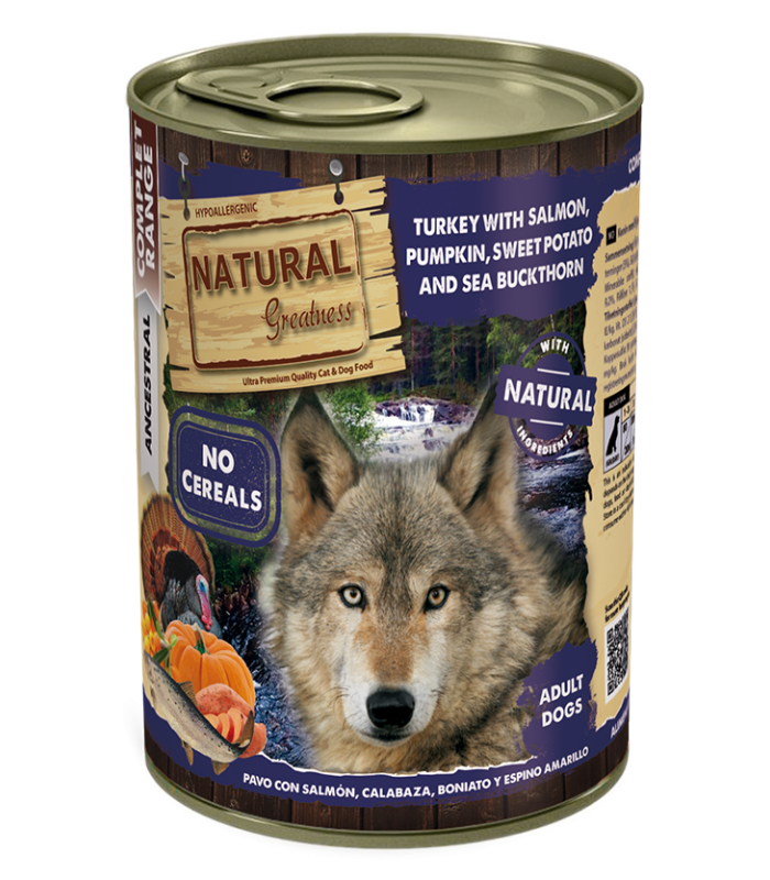 Natural Greatness Pavo con Salmón, Calabaza, Boniato y Espino Amarillo alimento húmedo natural para perros