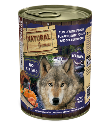 Natural Greatness Pavo con Salmón, Calabaza, Boniato y Espino Amarillo alimento húmedo natural para perros